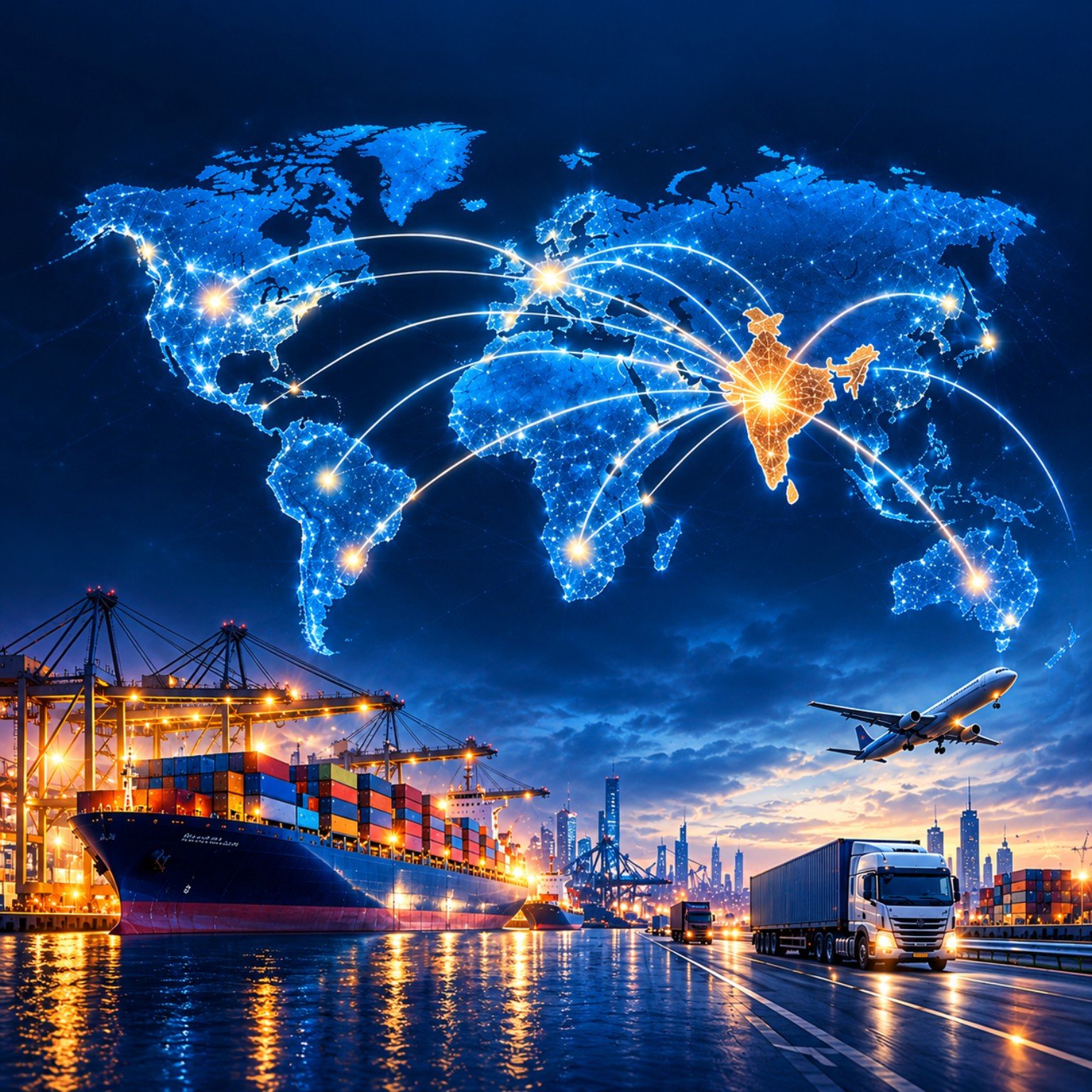 World map showing illustrative international market routes from India